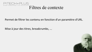 Filtres de contexte
Permet de filtrer les contenu en fonction d'un paramètre d'URL.
Mise à jour des titres, breadcrumbs, ...
 