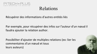 Relations
Récupérer des informations d'autres entités liés
Par exemple, pour récupérer des infos sur l'auteur d'un nœud il
faudra ajouter la relation author.
Possibiliter d'ajouter de multiples relations (ex: lier les
commentaires d'un nœud et tous
leurs auteurs)
 