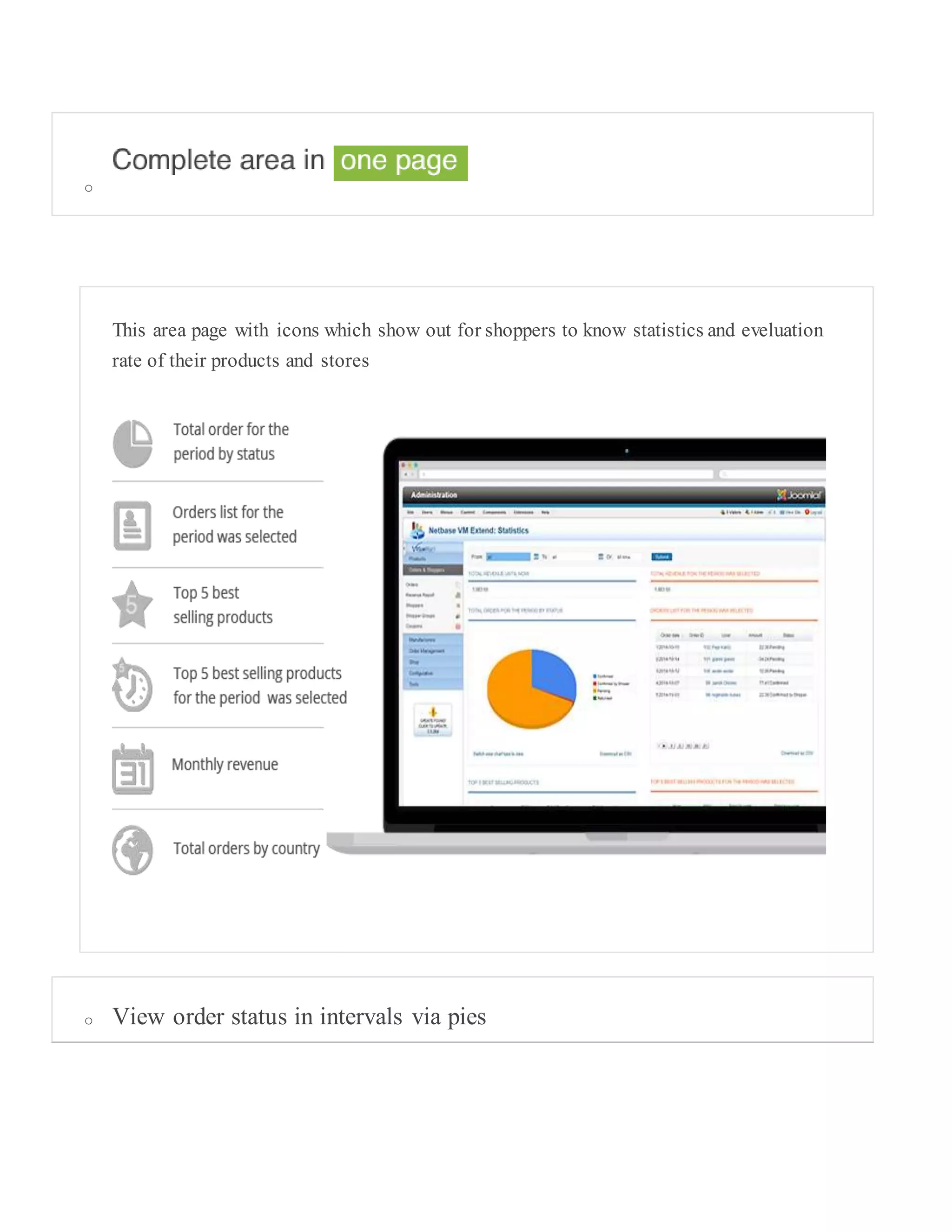 o
This area page with icons which show out for shoppers to know statistics and eveluation
rate of their products and stores
o View order status in intervals via pies
 