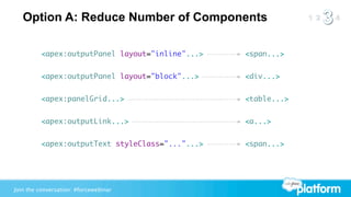 Option A: Reduce Number of Components

          <apex:outputPanel layout="inline"...>   <span...>


          <apex:outputPanel layout="block"...>    <div...>


          <apex:panelGrid...>                     <table...>


          <apex:outputLink...>                    <a...>


          <apex:outputText styleClass="..."...>   <span...>




Join the conversation: #forcewebinar
 