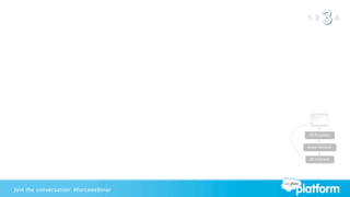 JS Function


                                       Apex Method


                                       JS Callback




Join the conversation: #forcewebinar
 