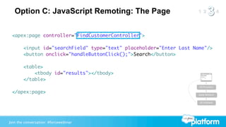 Option C: JavaScript Remoting: The Page

 <apex:page controller="FindCustomerController">

        <input id="searchField" type="text" placeholder="Enter Last Name"/>
        <button onclick="handleButtonClick();">Search</button>

        <table>
            <tbody id="results"></tbody>
        </table>
                                                                      JS Function

 </apex:page>                                                         Apex Method


                                                                      JS Callback




Join the conversation: #forcewebinar
 