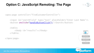 Option C: JavaScript Remoting: The Page

 <apex:page controller="FindCustomerController">

        <input id="searchField" type="text" placeholder="Enter Last Name"/>
        <button onclick="handleButtonClick();">Search</button>

        <table>
            <tbody id="results"></tbody>
        </table>
                                                                      JS Function

 </apex:page>                                                         Apex Method


                                                                      JS Callback




Join the conversation: #forcewebinar
 