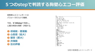 ５つのstepで判読する胸壁心エコー評価
経胸壁心エコーレポートは
パラメータだらけで難解．
今回，５つのstepで判読し，
心臓の病態を理解・評価する．
❶ 収縮能・壁運動
❷ 心腔径（拡大）
❸ 壁厚（肥大）
❹ 弁機能
❺ 圧の評価
当院の経胸壁心エコーレポート
 