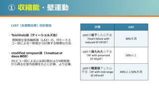 ① 収縮能・壁運動
LVEF（左室駆出率）の計算法
• Teichholz法（ティーショルズ法）
傍胸骨左室長軸断面（LAX）の，Mモードエ
コー図による一断面から計算する簡便な方法．
• modified simpson法（≒method of
discs:MOD）
2Dエコー図による心尖部2腔および4腔断面
から得る左室内容積をもとに計算．より正確．
分類 LVEF
LVEFの低下した心不全
（heart failure with
reduced EF:HFrEF）
40%未満
LVEFの保たれた心不全
（HF with preserved
EF:HFpEF）
50%以上
LVEFが軽度低下した心
不全（HF with mid-range
EF:HFmrEF
40%以上50%未満
 