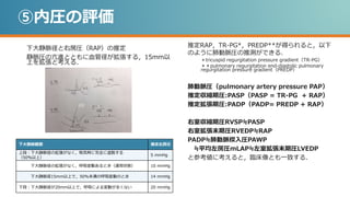 ⑤内圧の評価
下大静脈径と右房圧（RAP）の推定
静脈圧の亢進とともに血管径が拡張する，15mm以
上を拡張と考える．
推定RAP，TR-PG*，PREDP**が得られると，以下
のように肺動脈圧の推測ができる．
＊tricuspid regurgitation pressure gradient（TR-PG）
＊＊pulmonary regurgitation end-diastolic pulmonary
regurgitation pressure gradient（PREDP）
肺動脈圧（pulmonary artery pressure PAP）
推定収縮期圧:PASP（PASP = TR-PG + RAP）
推定拡張期圧:PADP（PADP= PREDP + RAP）
右室収縮期圧RVSP≒PASP
右室拡張末期圧RVEDP≒RAP
PADP≒肺動脈楔入圧PAWP
≒平均左房圧mLAP≒左室拡張末期圧LVEDP
と参考値に考えると，臨床像とも一致する．
下大静脈観察 推定右房圧
上段：下大静脈径の拡張がなく，吸気時に完全に虚脱する
（50%以上）
5 mmHg
下大静脈径の拡張がなく，呼吸変動あるとき（通常状態） 10 mmHg
下大静脈径15mm以上で，50%未満の呼吸変動のとき 14 mmHg
下段：下大静脈径が20mm以上で，呼吸による変動が全くない 20 mmHg
 