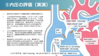 ⑤内圧の評価（実演）
1. 推定RAPは前項の下大静脈評価から数値を推測する．
2. 三尖弁逆流TRを有する場合，ベルヌーイ式【（圧較
差PG mmHg＝（逆流血流速 )2 x 4】から，三尖弁
逆流速度から収縮期の右房-右室圧較差（三尖弁圧較
差TR-PG）が推測できる．推定RAPを 5 mmHg と
仮定する，右室収縮期圧RVSPは三尖弁圧較差TR-
PG ＋5 mmHg となる（RVSP≒ PASP≒TR-PG +
RAP）．
3. さらに肺動脈弁逆流PRを有する場合， PREDPを測
定できる．PREDPは拡張期の肺動脈-右室圧較差で
あるので，肺動脈拡張期圧PADP≒PREDP + RAPと
推測する．
4. 肺血管内には弁は存在しないため，健常肺では
PADPと平均左房圧mLAPは近似する．mLAP ≒肺動
脈楔入圧PAWP≒左室拡張末期圧LVEDPを推測でき，
理論上は左心系の前負荷の評価も可能となる．
TR-PG
16mmHg
（収縮期）
RAP
5 mmHg
PREDP
4mmHg
（拡張期）
RVSP≒ 16 + 5（21 mmHg）
RVDP≒RAP（10 mmHg）
PADP≒PREDP + RAP
＝4+5（9 mmHg）
PASP≒RVSP（21mmHg）
PADP≒PAWP
≒mLAP≒LVEDP
＝9mmHg
心内圧基準値：RAP 1~6mmHg，RV s/d 15~30/1~5，PA s/d 15~30/4~12，PAWP 3~13
 