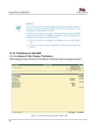 Voucher Entry in Tally.ERP 9
102
5.1.16 Trial Balance for April 2009
Go to the Gateway of Tally > Display > Trial Balance.
After making the above emtries, the Trial Balance of National Traders will appear as shown :
Figure 5.13 Trial Balance From April 1, 2009 to April 7, 2009
Narration
Here you type whatever appropriately describes the transaction. Remem-
ber, you can have a separate narration for each line of particulars, if you
configure the voucher type in that way.
For Payment Vouchers, where a bank account has been credited, Tally.ERP
9 pre-sets the narration to Ch.No. expecting a cheque number to be
entered. This can be over written if required.
Once the narration is complete, press Enter to bring up the Accept?
box.
Once you accept the data, Tally.ERP 9 presents another data entry
screen.
 