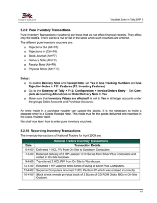 Voucher Entry in Tally.ERP 9
107
5.2.9 Pure Inventory Transactions
Pure inventory Transactions (vouchers) are those that do not affect financial records. They affect
only the stocks. There will be a rise or fall in the stock when such vouchers are entered.
The different pure inventory vouchers are:
Rejections Out (Alt+F6)
Rejections In (Ctrl+F6)
Stock Journal (Alt+F7)
Delivery Note (Alt+F8)
Receipt Note (Alt+F9)
Physical Stock (Alt+F10)
Setup :
To enable Delivery Note and Receipt Note, set Yes to Use Tracking Numbers and Use
Rejection Notes in F11: Features (F2: Inventory Features).
Go to the Gateway of Tally > F12: Configuration > Invoice/Orders Entry – Set Com-
plete Accounting Allocations in Order/Delivery Note to Yes.
Make sure that Inventory Values are affected? is set to Yes in all ledger accounts under
the groups Sales Accounts and Purchase Accounts.
An entry made in a purchase voucher can update the stocks. It is not necessary to make a
separate entry in a Goods Receipt Note. This holds true for the goods delivered and recorded in
the Sales Voucher itself.
We shall now learn how to enter pure inventory vouchers.
5.2.10 Recording Inventory Transactions
The inventory transactions of National Traders for April 2009 are:
National Traders Inventory Transactions
Date Transaction Details
6-4-09 Delivered 1 HCL PIV from On-Site to Spectrum Computers.
7-4-09 Received delivery of 2 HP Laserjet 1010 Series from Silver Plus Computers and
stored in On-Site Godown.
9-4-09 Transferred 2 HCL PIV from On Site to Warehouse.
13-4-09 Returned 1 HP Laserjet 1010 Series (Faulty) to Silver Plus Computers.
15-4-09 Supreme Computers returned 1 HCL Pentium IV which was ordered incorrectly
16-4-09 Stock check reveals physical stock of 3 Boxes of CD ROM Disks 100s in On-Site
Godown.
 