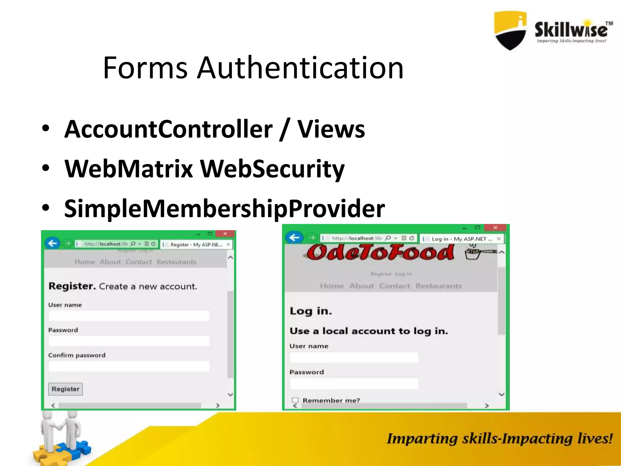 Forms Authentication • AccountController / Views • WebMatrix WebSecurity • SimpleMembershipProvider • SQL Storage 