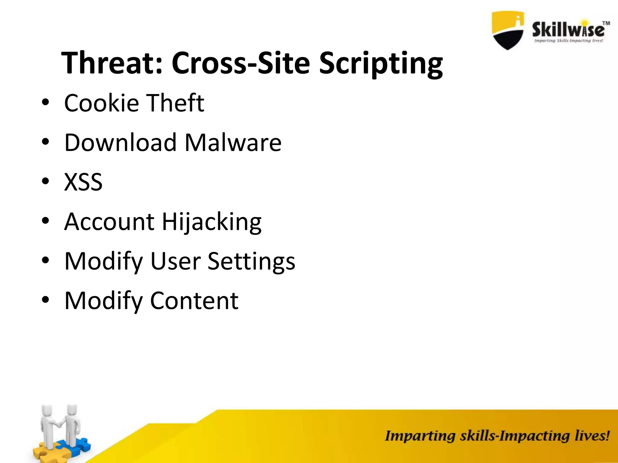 Threat: Cross-Site Scripting • Cookie Theft • Download Malware • XSS • Account Hijacking • Modify User Settings • Modify Content 