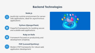 Backend Technologies
Node.js
JavaScript runtime environment for server-
side applications, ideal for asynchronous
applications
Python (Django/Flask)
Powerful frameworks for building secure
and scalable web applications
Ruby on Rails
Framework focused on productivity and
development simplicity
PHP (Laravel/Symfony)
Modern PHP frameworks for robust web
application development
 