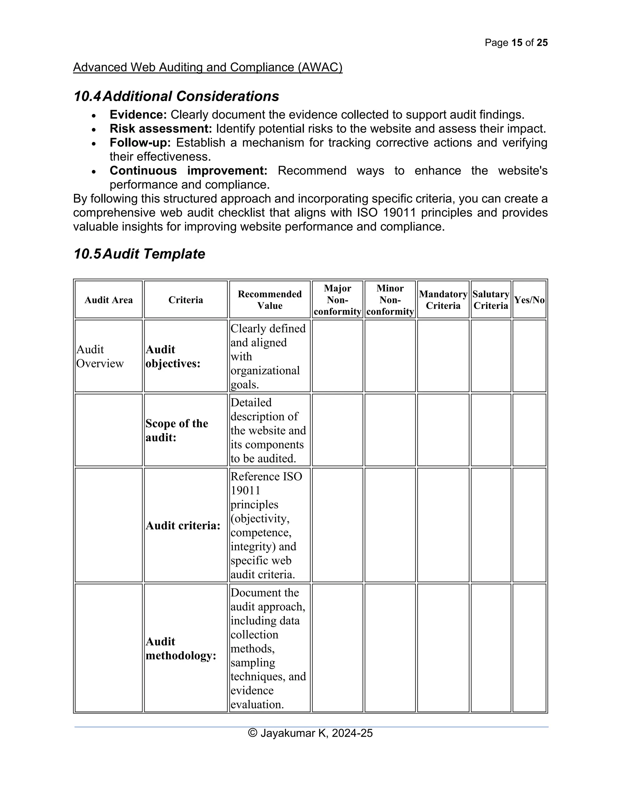 Page 15 of 25
Advanced Web Auditing and Compliance (AWAC)
© Jayakumar K, 2024-25
10.4Additional Considerations
• Evidence: Clearly document the evidence collected to support audit findings.
• Risk assessment: Identify potential risks to the website and assess their impact.
• Follow-up: Establish a mechanism for tracking corrective actions and verifying
their effectiveness.
• Continuous improvement: Recommend ways to enhance the website's
performance and compliance.
By following this structured approach and incorporating specific criteria, you can create a
comprehensive web audit checklist that aligns with ISO 19011 principles and provides
valuable insights for improving website performance and compliance.
10.5Audit Template
Audit Area Criteria
Recommended
Value
Major
Non-
conformity
Minor
Non-
conformity
Mandatory
Criteria
Salutary
Criteria
Yes/No
Audit
Overview
Audit
objectives:
Clearly defined
and aligned
with
organizational
goals.
Scope of the
audit:
Detailed
description of
the website and
its components
to be audited.
Audit criteria:
Reference ISO
19011
principles
(objectivity,
competence,
integrity) and
specific web
audit criteria.
Audit
methodology:
Document the
audit approach,
including data
collection
methods,
sampling
techniques, and
evidence
evaluation.
 