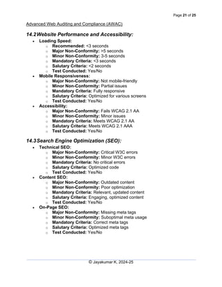 Page 21 of 25
Advanced Web Auditing and Compliance (AWAC)
© Jayakumar K, 2024-25
14.2Website Performance and Accessibility:
• Loading Speed:
o Recommended: <3 seconds
o Major Non-Conformity: >5 seconds
o Minor Non-Conformity: 3-5 seconds
o Mandatory Criteria: <3 seconds
o Salutary Criteria: <2 seconds
o Test Conducted: Yes/No
• Mobile Responsiveness:
o Major Non-Conformity: Not mobile-friendly
o Minor Non-Conformity: Partial issues
o Mandatory Criteria: Fully responsive
o Salutary Criteria: Optimized for various screens
o Test Conducted: Yes/No
• Accessibility:
o Major Non-Conformity: Fails WCAG 2.1 AA
o Minor Non-Conformity: Minor issues
o Mandatory Criteria: Meets WCAG 2.1 AA
o Salutary Criteria: Meets WCAG 2.1 AAA
o Test Conducted: Yes/No
14.3Search Engine Optimization (SEO):
• Technical SEO:
o Major Non-Conformity: Critical W3C errors
o Minor Non-Conformity: Minor W3C errors
o Mandatory Criteria: No critical errors
o Salutary Criteria: Optimized code
o Test Conducted: Yes/No
• Content SEO:
o Major Non-Conformity: Outdated content
o Minor Non-Conformity: Poor optimization
o Mandatory Criteria: Relevant, updated content
o Salutary Criteria: Engaging, optimized content
o Test Conducted: Yes/No
• On-Page SEO:
o Major Non-Conformity: Missing meta tags
o Minor Non-Conformity: Suboptimal meta usage
o Mandatory Criteria: Correct meta tags
o Salutary Criteria: Optimized meta tags
o Test Conducted: Yes/No
 