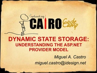 DYNAMIC STATE STORAGE: UNDERSTANDING THE ASP.NET PROVIDER MODEL Miguel A. Castro [email_address] 