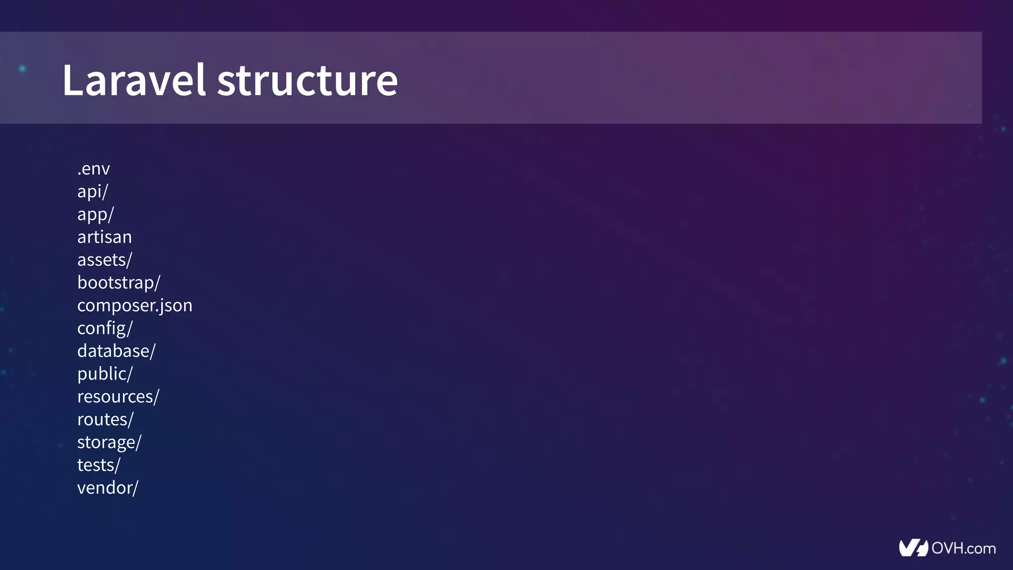 Laravel structure
.env
api/
app/
artisan
assets/
bootstrap/
composer.json
config/
database/
public/
resources/
routes/
storage/
tests/
vendor/
 