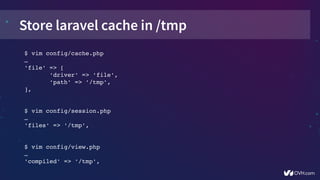 Store laravel cache in /tmp
$ vim config/cache.php
…
'file' => [
       'driver' => 'file',
       'path' => '/tmp',
],
$ vim config/session.php
…
'files' => '/tmp',
$ vim config/view.php
…
'compiled' => '/tmp',
 