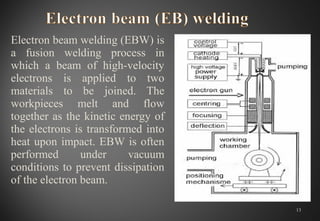 Electron beam welding (EBW) is
a fusion welding process in
which a beam of high-velocity
electrons is applied to two
materials to be joined. The
workpieces melt and flow
together as the kinetic energy of
the electrons is transformed into
heat upon impact. EBW is often
performed under vacuum
conditions to prevent dissipation
of the electron beam.
13
 