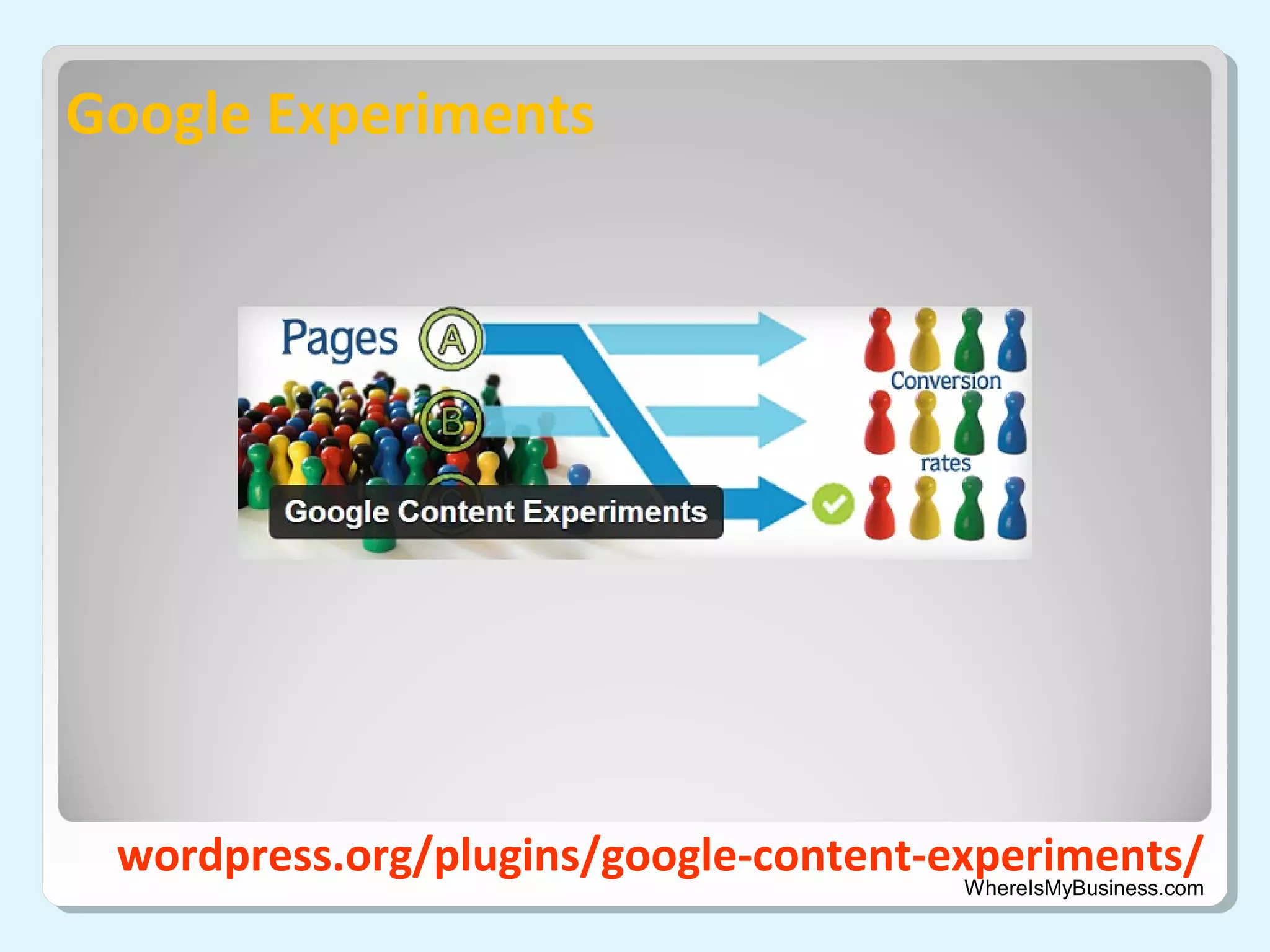 Google Experiments

wordpress.org/plugins/google-content-experiments/
WhereIsMyBusiness.com

 