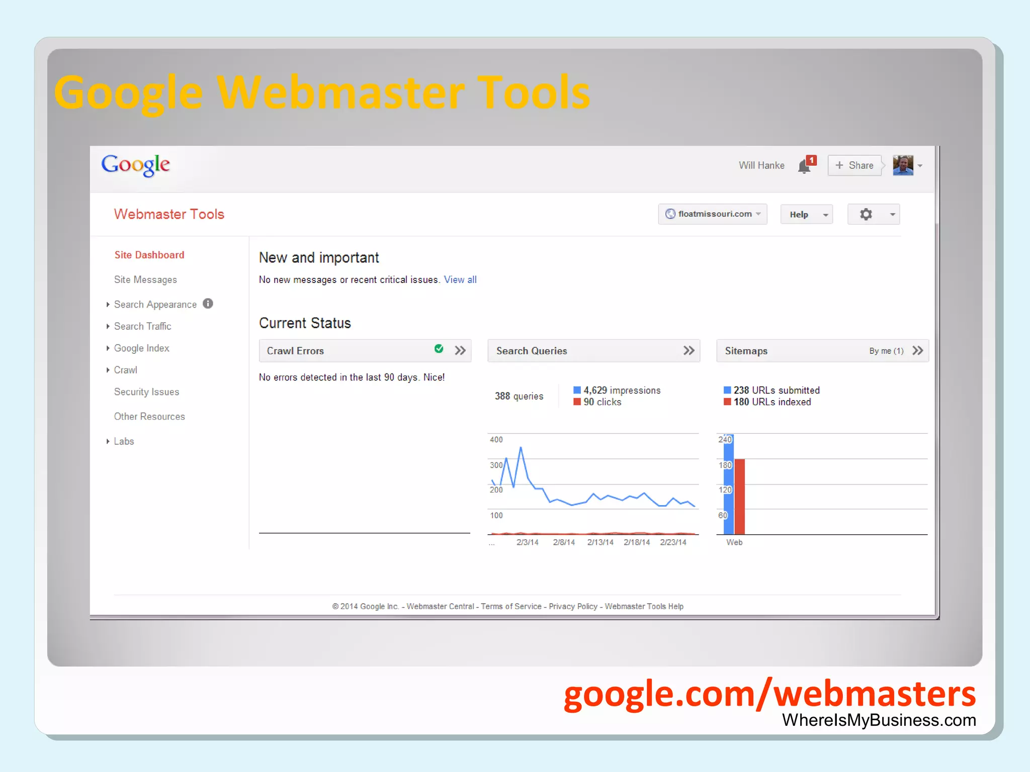 Google Webmaster Tools

google.com/webmasters
WhereIsMyBusiness.com

 