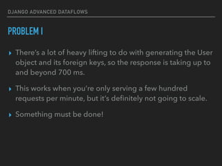 DJANGO ADVANCED DATAFLOWS
PROBLEM I
▸ There’s a lot of heavy lifting to do with generating the User
object and its foreign keys, so the response is taking up to
and beyond 700 ms.
▸ This works when you’re only serving a few hundred
requests per minute, but it’s deﬁnitely not going to scale.
▸ Something must be done!
 