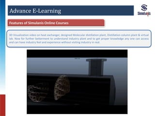 Advance E-Learning 
Features of Simulanis Online Courses 
3D Visualization video on heat exchanger, designed Molecular distillation plant, Distillation column plant & virtual 
lab. Now for further betterment to understand industry plant and to get proper knowledge any one can access 
and can have industry feel and experience without visiting industry in real. 
 
