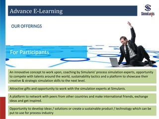 Advance E-Learning 
For Participants 
An innovative concept to work upon, coaching by Simulanis’ process simulation experts, opportunity 
to compete with talents around the world, sustainability tactics and a platform to showcase their 
creative & strategic simulation skills to the next level. 
Attractive gifts and opportunity to work with the simulation experts at Simulanis. 
A platform to network with peers from other countries and make international friends, exchange 
ideas and get inspired. 
Opportunity to develop ideas / solutions or create a sustainable product / technology which can be 
put to use for process industry 
 