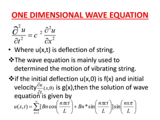 ONE DIMENSIONAL WAVE EQUATION
• Where u(x,t) is deflection of string.
The wave equation is mainly used to
determined the motion of vibrating string.
if the initial deflection u(x,0) is f(x) and initial
velocity is g(x),then the solution of wave
equation is given by


















 

 L
nx
L
ctn
Bn
L
ctn
Bntxu
n

sin]sin*cos[),(
1
2
2
2
2
2
x
u
c
t
u





)0,(x
t
u


 