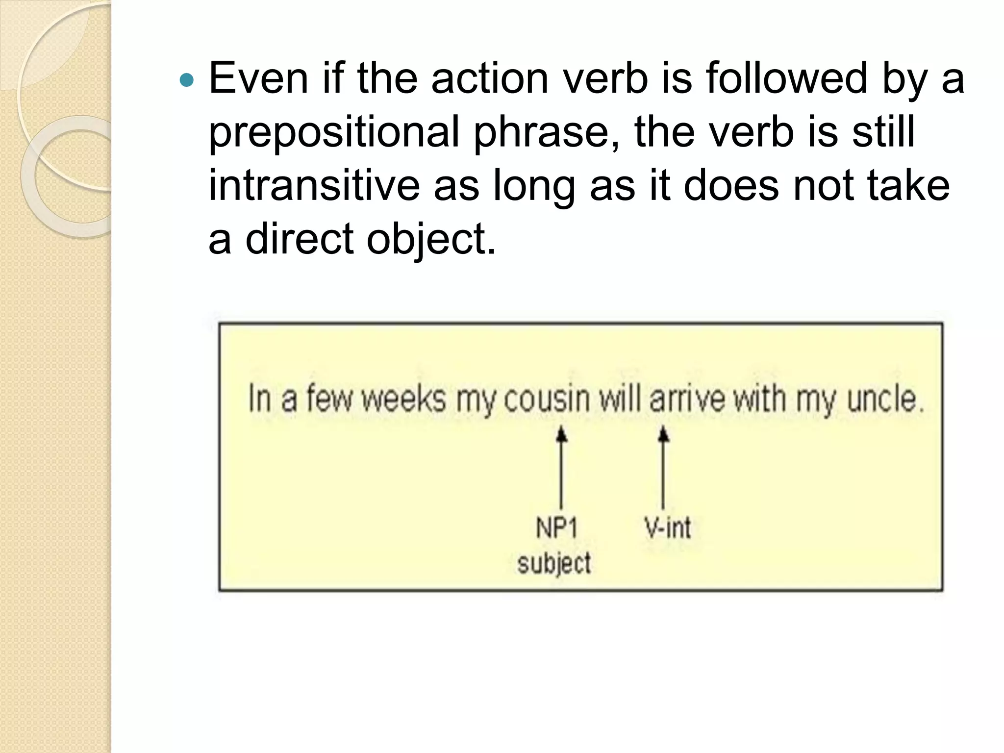  Even if the action verb is followed by a
prepositional phrase, the verb is still
intransitive as long as it does not take
a direct object.
 