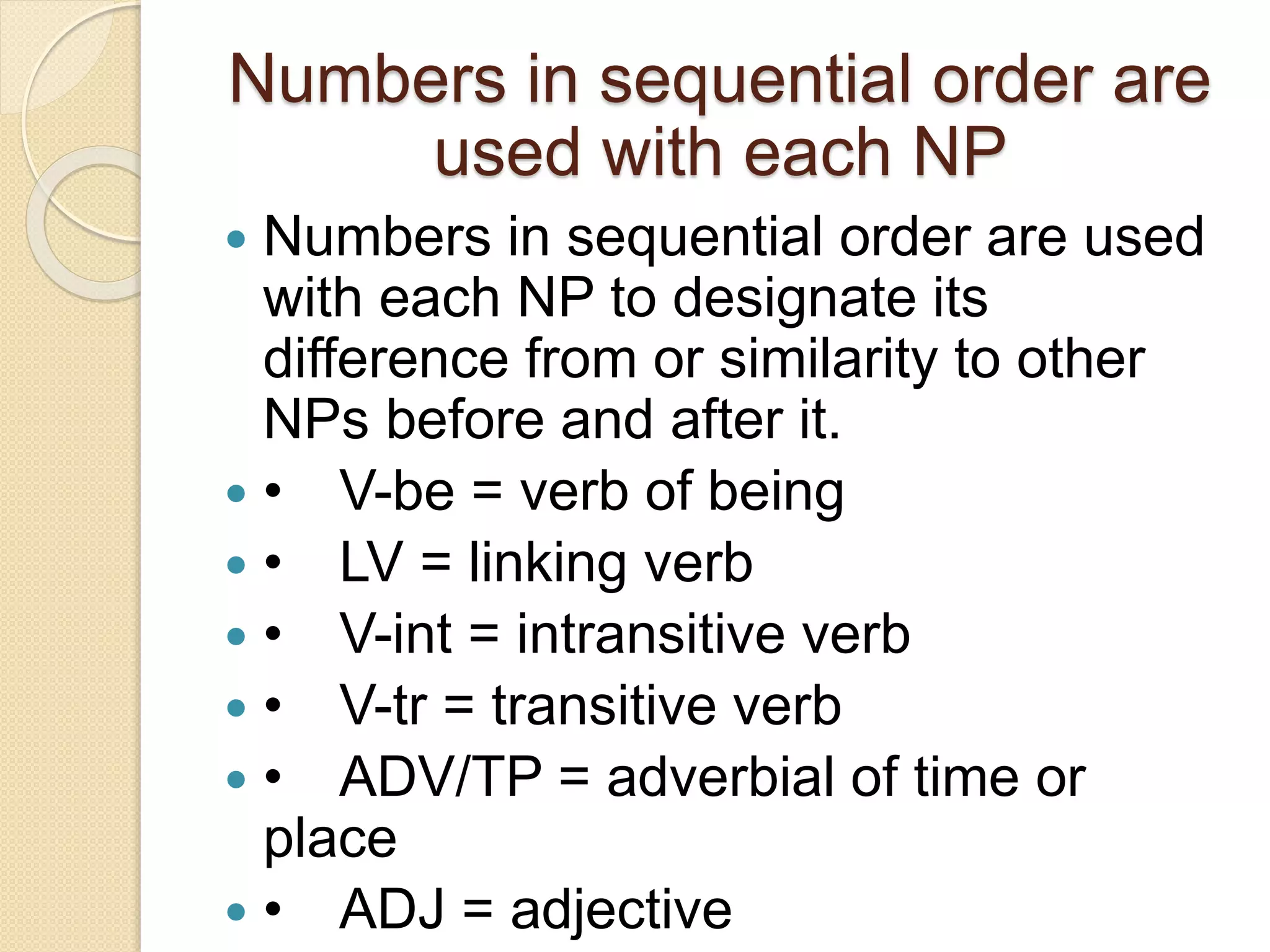 Numbers in sequential order are
used with each NP
 Numbers in sequential order are used
with each NP to designate its
difference from or similarity to other
NPs before and after it.
 • V-be = verb of being
 • LV = linking verb
 • V-int = intransitive verb
 • V-tr = transitive verb
 • ADV/TP = adverbial of time or
place
 • ADJ = adjective
 