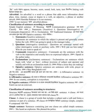 w
w
w
.facebook.com
/tanbir.cox

3
‘Be’ verb QvovI appear, become, seem, sound, look, taste, turn BZ¨vw`I linking verb
wn‡m‡e e¨eüZ nq|
Adverbial: An adverbial is a word or a phrase that adds more information about
place, time, manner, cause or degree to a verb, an adjective, a phrase or another
adverb. ‡hgbt Hamidur Rahman is in our memory.
GLv‡b ‘in our memory’ n‡jv adverbial phrase.
Classification of sentences according to meaning:
Simple English sentence †K Meaning Abyhvqx Communicative grammar Pvi fv‡M
Classify K‡i| †hgb –i. Statements (Assertive) ii. Questions (Interrogative) iii.
Commands (Imperative) Ges iv. Exclamation. Z‡e Traditional Grammar Gi mv‡_ AviI
GK cÖKvi hy³ K‡i †hUv Optative sentence bv‡g cwiwPZ|
1. Statements (Assertive sentences) :
Statements are sentences in which the subject is present and generally comes
before the verb. †hgbt I am going to speak to the manager today.
2. Questions (interrogative sentences) : Questions are sentences started with
either interrogative words or auxiliary verbs. ‡hgb t Will you see him today?
Who do you want to speak to?
3. Commands (imperative sentences) : Commands are the sentences with the
verb in the imperative and usually have no expressed subjects. †hgb t Speak to
the author today.
4. Exclamations (exclamatory sentences) : Exclamations are sentences which
begin with ‘what’ or ‘how’, without inversion of subject and operator and
usually end with an exclamation mark (!). †hgbt What a noise they are making!
5. Optative sentences: Optative sentences are sentences with wish, prayer or
desire. †hgb t May Bangladesh win!
GB cuvP iKg Gi cÖ‡Z¨KwUB Avevi `yB fv‡M fvM Kiv hvq| †hgb : i) Affirmative sentence ii)
Negative sentence.
i) Affirmative sentence: n¨uv-evPK ev BwZevPK evK¨‡KB Bs‡iwR‡Z Affirmative sentence e‡j|
†hgb: In our country, corruption is everywhere.
ii) Negative sentence: ‡bwZevPK ev bv-evPK evK¨‡KB Bs‡iwR‡Z Negative sentence e‡j| †hgb:
Farid was not an extrovert.
Classification of sentences according to structures:
Structure Abyhvqx sentence wZbfv‡M fvM Kiv nq| Gi wfwË n‡jv sentence G clause Gi msL¨v
GK ev GKvwaK wKbv Zv| myZivs Avgv‡`i Av‡M Rvb‡Z n‡e clause wK|
Clause: A clause is a group of words that includes a subject and a verb and forms a
sentence or part of a sentence. GB clause-Gi Dcw¯’wZi wfwË‡Z sentence simple, complex
ev compound n‡Z cv‡i|
Simple sentence: Sentences containing just one clause are called simple sentence.
‡hgb t She heard an explosion. She phoned the police.
www.tanbircox.blogspot.com
Wants More Updated Bangla e-books(pdf): www.facebook.com/tanbir.ebooks
www.tanbircox.blogspot.com
 