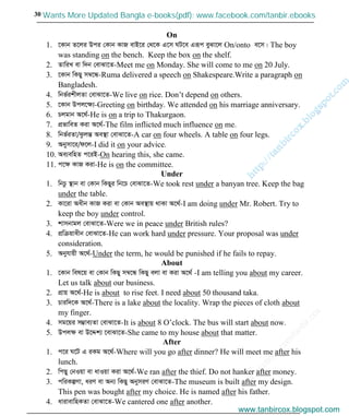 w
w
w
.facebook.com
/tanbir.cox

30
On
1. ‡Kvb Z‡ji Dci †Kvb KvR evB‡i †_‡K G‡m NU‡e Giƒc eySv‡j On/onto e‡m| The boy
was standing on the bench. Keep the box on the shelf.
2. ZvwiL ev w`b †evSv‡Z-Meet me on Monday. She will come to me on 20 July.
3. ‡Kvb wKQy m¤^‡Ü-Ruma delivered a speech on Shakespeare.Write a paragraph on
Bangladesh.
4. wbf©ikxjZv †evSv‡Z-We live on rice. Don’t depend on others.
5. ‡Kvb Dcj‡ÿ¨-Greeting on birthday. We attended on his marriage anniversary.
6. Pjgvb A‡_©-He is on a trip to Thakurgaon.
7. cÖfvweZ Kiv A‡_©-The film inflicted much influence on me.
8. wbf©iZv/SzjšÍ Ae¯’v †evSv‡Z-A car on four wheels. A table on four legs.
9. Abymv‡i/d‡j-I did it on your advice.
10. Ae¨ewnZ c‡iB-On hearing this, she came.
11. c‡ÿ KvR Kiv-He is on the committee.
Under
1. wbPz ¯’vb ev †Kvb wKQyi wb‡P †evSv‡Z-We took rest under a banyan tree. Keep the bag
under the table.
2. Kv‡iv Aaxb KvR Kiv ev †Kvb Ae¯’vq _vKv A‡_©-I am doing under Mr. Robert. Try to
keep the boy under control.
3. kvmbvgj †evSv‡Z-Were we in peace under British rules?
4. cÖwµqvaxb †evSv‡Z-He can work hard under pressure. Your proposal was under
consideration.
5. Abyhvqx A‡_©-Under the term, he would be punished if he fails to repay.
About
1. ‡Kvb wel‡q ev †Kvb wKQy m¤^‡Ü wKQy ejv ev Kiv A‡_© -I am telling you about my career.
Let us talk about our business.
2. cÖvq A‡_©-He is about to rise feet. I need about 50 thousand taka.
3. Pviw`‡K A‡_©-There is a lake about the locality. Wrap the pieces of cloth about
my finger.
4. mg‡qi m¤¢ve¨Zv †evSv‡Z-It is about 8 O’clock. The bus will start about now.
5. Dcjÿ ev D‡Ïk¨ ‡evSv‡Z-She came to my house about that matter.
After
1. c‡i N‡U G iKg A‡_©-Where will you go after dinner? He will meet me after his
lunch.
2. wcQy †bIqv ev avIqv Kiv A‡_©-We ran after the thief. Do not hanker after money.
3. cwiKíYv, aiY ev Ab¨ wKQy AbymiY †evSv‡Z-The museum is built after my design.
This pen was bought after my choice. He is named after his father.
4. avivevwnKZv †evSv‡Z-We cantered one after another.
www.tanbircox.blogspot.com
Wants More Updated Bangla e-books(pdf): www.facebook.com/tanbir.ebooks
www.tanbircox.blogspot.com
 