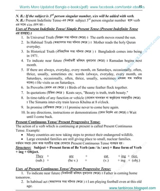 w
w
w
.facebook.com
/tanbir.cox

37
N. B.: If the subject is 3rd
person singular number, s/es will be added with verb.
N. B.: Present Indefinite Tense-Gi †ÿ‡Î subject 3rd
person singular number n‡j verb
Gi mv‡_ s/es †hvM nq|
Uses of Present Indefinite Tense/ Simple Present Tense (Present Indefinite Tense
Gi e¨envi) t
1. In Universal Truth (wPišÍb mZ¨ NUbvi †ÿ‡Î) t The earth moves round the sun.
2. In Habitual Truth (Af¨vmMZ mZ¨ NUbvi †ÿ‡Î ) t Mother reads the holy Quran
everyday.
3. In Historical Truth (HwZnvwmK mZ¨ NUbvi †ÿ‡Î ) t Bangladesh comes into being
in 1971.
4. To indicate near future (wbKUZex© fwel¨r eySv‡bvi †ÿ‡Î) t Ramadan begins next
month.
5. If there are always, everyday, every month, on Saturdays, occasionally, often,
thrice, usually, sometimes etc. words (always, everyday, every month, on
Saturdays, occasionally, often, thrice, usually, sometimes GmKj kã m¤^wjZ
ev‡K¨) t He visits us on Saturdays.
6. In Proverbs (cÖev` Gi †ÿ‡Î ) t Birds of the same feather flock together.
7. In quotations (Dw³i †ÿ‡Î ) Keats says, "Beauty is truth, truth beauty."
8. In time-table of any function or vehicle (†h‡Kvb hvbevnb ev Abyôv‡bi mgqm~Pxi †ÿ‡Î)
t The Simanta inter-city train leaves Khulna at 8 o'clock.
9. In promise (cÖwZÁvi †ÿ‡Î ) t I promise never to come here again.
10. In any directions, instructions or demonstrations (‡Kvb wb‡`©k Gi †ÿ‡Î) t Wait
until I come back.
Present Continuous Tense/ Present Progressive Tense:
The action of a verb which is continuing at present is called Present Continuous
Tense. Example:
Many countries are now taking steps to protect their endangered wildlife.
Large extended families are still giving place to small, nuclear families.
eZ©gvb mg‡q †Kvb KvR msNwUZ n‡”Q †evSv‡Z Present Continuous Tense e¨eüZ nq|
Structure: Subject + Present form of Be Verb (am / is / are) + Base form of Verb
+ ing + Object.
They + are + eat + ing + rice.
(sub.) + (be v.) + (v.) + ing + (obj.)
Uses of Present Continuous Tense/ Present Progressive Tense:
1. To indicate near future (wbKUeZx© fwel¨r eySv‡bvi †ÿ‡Î) t Father is coming home
tomorrow.
2. In habitual act (Af¨vmMZ mZ¨ NUbvi †ÿ‡Î ) t I am playing football even at this old
age.
www.tanbircox.blogspot.com
Wants More Updated Bangla e-books(pdf): www.facebook.com/tanbir.ebooks
www.tanbircox.blogspot.com
 