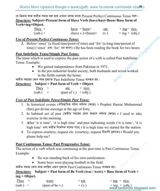 w
w
w
.facebook.com
/tanbir.cox

39
‡h wµqvi KvR AZxZ mg‡q ïiæ n‡q GL‡bv Pj‡Q Zv‡K Present Perfect Continuous Tense e‡j|
Structure: Subject+Present form of Have Verb (have/has)+Been+Base form of
Verb+ing+Object.
They + have + been+ eat + ing+ rice.
(sub.) + (have v.)+(been)+ (v.) + ing + (obj.)
Use of Present Perfect Continuous Tense:
1. Before ‘since’ (a fixed time/point of time) and ‘for’ (a long time/period of
time) (‘since’ Ges ‘for’ Gi Av‡M) t He has been reading the book for two hours.
Past Indefinite Tense/Simple Past Tense:
The tense which is used to express the past action of a verb is called Past Indefinite
Tense. Example:
We gained independence from Pakistan in 1971.
In the pre-industrial feudal society, both husbands and wives worked
in the fields outside the home.
AZxZ mg‡qi †Kvb KvR eySv‡Z Past Indefinite Tense e¨eüZ nq|
Structure: Subject + Past form of Verb + Object.
They + ate + rice.
(sub.) + (past of v.) + (obj.)
Uses of Past Indefinite Tense/Simple Past Tense:
1. In historical events (HwZnvwmK NUbv eY©bvi †ÿ‡Î) t Prophet Hazrat Muhammad
(Sm) got divine message at the age of forty.
2. In habitual act of past (AZxZ mg‡qi †Kvb Af¨vm eY©bvi †ÿ‡Î) t I used to take
exercise in the morning.
3. After ‘it is time’, ‘it is high time’ and past indicating words (‘it is time’, ‘it is
high time’ Ges AZxZ wb‡`©kK k‡ãi c‡i) t It is high time we started for the station.
4. To express courtesy, request etc. (courtesy, request BZ¨vw` eySv‡Z) t Would you
please help me?
Past Continuous Tense/ Past Progressive Tense:
The action of a verb which was continuing at the past time is Past Continuous Tense.
Example:
He was standing back of his own carelessness.
Some boys were playing football in the field.
AZxZ mg‡q †Kvb KvR PjwQj Giƒc eySv‡Z Past Continuous Tense e¨eüZ nq|
Structure: Subject + Past form of Be Verb (was / were) + Base form of Verb +
ing + Object.
They + were + eat + ing + rice.
(sub.) + (past of be v.) + (v.) + ing + (obj.)
www.tanbircox.blogspot.com
Wants More Updated Bangla e-books(pdf): www.facebook.com/tanbir.ebooks
www.tanbircox.blogspot.com
 