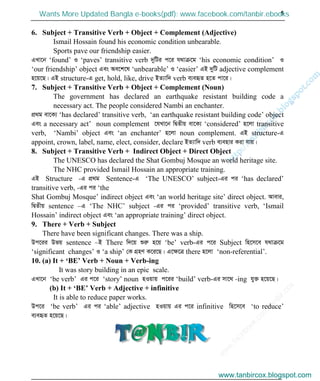 w
w
w
.facebook.com
/tanbir.cox

5
6. Subject + Transitive Verb + Object + Complement (Adjective)
Ismail Hossain found his economic condition unbearable.
Sports pave our friendship easier.
GLv‡b ‘found’ I ‘paves’ transitive verb `ywUi c‡i h_vµ‡g ‘his economic condition’ I
‘our friendship’ object Ges Ae‡k‡l ‘unbearable’ I ‘easier’ GB `ywU adjective complement
n‡q‡Q| GB structure-G get, hold, like, drive BZ¨vw` verb e¨eüZ n‡Z cv‡i|
7. Subject + Transitive Verb + Object + Complement (Noun)
The government has declared an earthquake resistant building code a
necessary act. The people considered Nambi an enchanter.
cÖ_g ev‡K¨ ‘has declared’ transitive verb, ‘an earthquake resistant building code’ object
Ges a necessary act’ noun complement ‡hLv‡b wØZxq ev‡K¨ ‘considered’ n‡jv transitive
verb, ‘Nambi’ object Ges ‘an enchanter’ n‡jv noun complement. GB structure-G
appoint, crown, label, name, elect, consider, declare BZ¨vw` verb e¨envi Kiv hvq|
8. Subject + Transitive Verb + Indirect Object + Direct Object
The UNESCO has declared the Shat Gombuj Mosque an world heritage site.
The NHC provided Ismail Hossain an appropriate training.
GB Structure -G cÖ_g Sentence-G ‘The UNESCO’ subject-Gi ci ‘has declared’
transitive verb, -Gi ci ‘the
Shat Gombuj Mosque’ indirect object Ges ‘an world heritage site’ direct object. Avevi,
wØZxq sentence –G ‘The NHC’ subject -Gi ci ‘provided’ transitive verb, ‘Ismail
Hossain’ indirect object Ges ‘an appropriate training’ direct object.
9. There + Verb + Subject
There have been significant changes. There was a ship.
Dc‡ii Dfq sentence –B There w`‡q ïiæ n‡q ‘be’ verb-Gi c‡i Subject wn‡m‡e h_vµ‡g
‘significant changes’ I ‘a ship’ †K MÖnY K‡i‡Q| G‡ÿ‡Î there n‡jv ‘non-referential’.
10. (a) It + ‘BE’ Verb + Noun + Verb-ing
It was story building in an epic scale.
GLv‡b ‘be verb’ Gi c‡i ‘story’ noun nIqvq c‡ii ‘build’ verb-Gi mv‡_ -ing hy³ n‡q‡Q|
(b) It + ‘BE’ Verb + Adjective + infinitive
It is able to reduce paper works.
Dc‡i ‘be verb’ Gi ci ‘able’ adjective nIqvq Gi c‡i infinitive wn‡m‡e ‘to reduce’
e¨eüZ n‡q‡Q|
www.tanbircox.blogspot.com
Wants More Updated Bangla e-books(pdf): www.facebook.com/tanbir.ebooks
www.tanbircox.blogspot.com
 