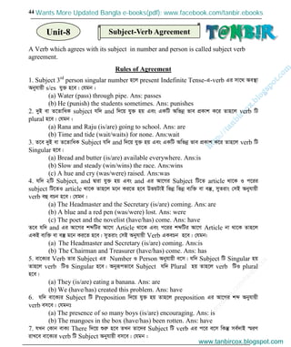 w
w
w
.facebook.com
/tanbir.cox

44
A Verb which agrees with its subject in number and person is called subject verb
agreement.
Rules of Agreement
1. Subject 3rd
person singular number n‡j present Indefinite Tense-G-verb Gi mv‡_ Ae¯’v
Abyhvqx s/es hy³ n‡e| †hgb :
(a) Water (pass) through pipe. Ans: passes
(b) He (punish) the students sometimes. Ans: punishes
2. `yB ev Z‡ZvwaK subject hw` and w`‡q hy³ nq Ges GKwU Awfbœ fve cÖKvk K‡i Zvn‡j verb wU
plural n‡e| †hgb :
(a) Rana and Raju (is/are) going to school. Ans: are
(b) Time and tide (wait/waits) for none. Ans:wait
3. Z‡e `yB ev Z‡ZvwaK Subject hw` and w`‡q hy³ nq Ges GKwU Awfbœ fve cÖKvk K‡i Zvn‡j verb wU
Singular n‡e|
(a) Bread and butter (is/are) available everywhere. Ans:is
(b) Slow and steady (win/wins) the race. Ans:wins
(c) A hue and cry (was/were) raised. Ans:was
4. hw` 2wU Subject, and Øviv hy³ nq Ges and Gi Av‡Mi Subject wU‡Z article _v‡K I c‡ii
subject wU‡ZI article _v‡K Zvn‡j g‡b Ki‡Z n‡e DfqUvB wfbœ wfbœ e¨w³ ev e¯‘, myZivs †mB Abyhvqx
verb eû ePb n‡e| †hgb :
(a) The Headmaster and the Secretary (is/are) coming. Ans: are
(b) A blue and a red pen (was/were) lost. Ans: were
(c) The poet and the novelist (have/has) come. Ans: have
Z‡e hw` and Gi Av‡Mi kãwUi Av‡M Article _v‡K Ges c‡ii kãwUi Av‡M Article bv _v‡K Zvn‡j
GKB e¨w³ ev e¯‘ g‡b Ki‡Z n‡e| myZivs †mB Abyhvqx Verb GKePb n‡e| †hgb:
(a) The Headmaster and Secretary (is/are) coming. Ans:is
(b) The Chairman and Treasurer (have/has) come. Ans: has
5. ev‡K¨i Verb Zvi Subject Gi Number I Person Abyhvqx e‡m| hw` Subject wU Singular nq
Zvn‡j verb wUI Singular n‡e| Abyiƒcfv‡e Subject hw` Plural nq Zvn‡j verb wUI plural
n‡e|
(a) They (is/are) eating a banana. Ans: are
(b) We (have/has) created this problem. Ans: have
6. hw` ev‡K¨i Subject wU Preposition w`‡q hy³ nq Zvn‡j preposition Gi Av‡Mi kã Abyhvqx
verb em‡e| †hgbt
(a) The presence of so many boys (is/are) encouraging. Ans: is
(b) The mangoes in the box (have/has) been rotten. Ans: have
7. hLb †Kvb evK¨ There w`‡q ïiæ n‡e ZLb Zv‡`i Subject wU verb Gi c‡i e‡m wKš‘ me©`vB ¯§iY
ivL‡e ev‡K¨i verb wU Subject Abyhvqx em‡e| †hgb :
Subject-Verb AgreementUnit-8
www.tanbircox.blogspot.com
Wants More Updated Bangla e-books(pdf): www.facebook.com/tanbir.ebooks
www.tanbircox.blogspot.com
 