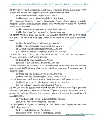 w
w
w
.facebook.com
/tanbir.cox

22. Physics, Civics, Mathematics, Electronics, Dynamics, Ethics, Economics, BZ¨vw`
Subject evPK bvg¸wji hw`I (S) hy³ Av‡Q Z_vwcI Verb wU GKePb n‡e| †hgb :
(a) Economics (is/are) a subject of arts. Ans: is
(b) Dynamics (are not/is not) taught here. Ans: is not
23. Spectacles, Scissors, Trousers, Binoculars, Ashes, Alms, Assets, Amends,
Auspices, Billiards measles, shears, annals, jaws, BZ¨vw` noun ¸wj plural ZvB G‡`i c‡ii
verb I plural n‡e| †hgb :
(a) His trousers (are/is) torn out in the accident. Ans: are
(b) Her Jaws (have/has) increased her beauty. Ans: have
24. fMœvs‡ki †ÿ‡Î (One-third, One-fourth, Two-seventh) fMœvs‡ki c‡i GKwU of _vK‡e Ges of
c‡ii noun hw` GKePb nq Zvn‡j verb GKePb Avi hw` eûePb nq Zvn‡j verb wU eûePb n‡e|
†hgb:
(a) One-fourth of the work (is/are) done. Ans: is
(b) Half of the students (are/is) absent today. Ans: are
(c) A lot of students (are/is) present today. Ans: are
(d) Three-fourth of the mangoes (is/are) rotten. Ans: are
25. One of, Each of, Every of, None of, Either of, Neither of, Gi c‡ii noun ev
Pronoun eûePb n‡jI verb wU GKePb n‡e|†hgb :
(a) Each of the boys (is/are) poor. Ans: is
(b) None of you (have/has) got a prize. Ans: has
26. More than one Gi c‡ii noun I verb DfqwUB GKePb n‡e Avi More than two Gi c‡ii
noun I verb DfqwUB plural n‡e wKš‘ one and a half Gi c‡ii noun wU eûePb n‡jI verb wU
GKePb n‡e|†hgb :
(a) More than one girl (was/were) absent. Ans: was
(b) One and a half of the mangoes (is/are) found. Ans: is
27. One in Gi c‡ii verb wU GKePb n‡e Avi Two in Gi c‡ii verb wU eûePb n‡e| †hgb :
(a) One in ten boys (have/has) passed in the exam. Ans: has
(b) Two in twenty students (are/is) present. Ans: are
28. hLb †Kvb ev‡K¨ 3Uv person GK‡Î cvkvcvwk e‡m ZLb hw` evK¨ Øviv †`v‡li wKQy bv eySvq A_©vr
mvaviY Ae¯’v eySvq ZLb 231 wnmv‡e em‡e A_©vr cÖ_‡g 2nd
person, Zvici 3rd
person Ges Zvici 1st
person. wKš‘ evK¨Uv Øviv hw` †`v‡li wKQy eySvq Zvn‡j 132 Abyhvqx em‡e Ges Dfq †ÿ‡ÎB verb wU
plural n‡e|†hgb :
(a) You, Rana, and I (is/are) responsible for it. Ans: are
(b) I, Rana, and you (is/are) guilty. Ans: are
29. Everybody, Everyone ev Nobody, No one, None ev‡K¨i Subject n‡j G‡`i c‡ii
verb wU plural n‡e| †hgb :
(a) Everybody (hate) a liar. Ans: hates
(b) Nobody (is/are) present in the meeting. Ans: is
www.tanbircox.blogspot.com
Wants More Updated Bangla e-books(pdf): www.facebook.com/tanbir.ebooks
www.tanbircox.blogspot.com
 