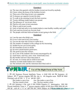 w
w
w
.facebook.com
/tanbir.cox

48
Exercise-1
(a) The man who quarrels with his brother (is/are) not loved by anybody.
(b) I know where the house of the brothers (is/are).
(c) These acts of the king (is/are) very unpopular
(d) To honour our superior (is/are) his duty.
(e) To walk in the morning (is/are) the best exercise.
(f) Twenty shillings (make/makes) one pound.
(g) The pleasures of sin (is/are) short.
(h) That he will come (is/are) uncertain.
(i) What is said (is/are) words.
(j) Early to bed and early to rise (make/makes) a man healthy wealthy and wise.
(k) Curry and rice (is/are) my favorite food.
(l) The people with their beloved leader (is/are) going to the field.
Exercise-2
(a) I am the man who (help) you.
(b) It was I who (am/is/are) your teacher.
(c) You are the man who (is/are) to suffer for it.
(d) The number of students in this college (to be) increasing.
(e) Neither he nor you (is/are) guilty.
(f) His bonafides (is/are) in doubt.
(g) No news (mean/means) good news.
(h) The good (is/are) the winners.
(i) He is one of the students who (is/are) encouraged by all.
(j) Each house, each tree, each room (look/looks) nice.
(k) My brother and not I (have/has) done it.
(l) No man, no woman and no child (is/are) safe.
(m)Sixty seconds (make/makes) are a minute.
(n) The eminent critic and the statesman (have/has) said so.
1. hw` †Kvb Sentence Present Indefinite Tense- G †`Iqv _v‡K Ges D³ Sentence- Gi
Subject hw` 3rd
person singular A_©vr He, she, it, Ges Singular noun BZ¨vw` nq Zvn‡j
Principal verb Gi mv‡_ ‘s’ ev ‘es’ hy³ n‡e| †hgb :
She (make) a cup of tea. Ans. She makes a cup of tea.
The boy (catch) a bird. Ans. The boy catches a bird.
2. hw` †Kvb Sentence G Be verb bv _v‡K ‡m‡ÿ‡Î Negative ev Interrogative Kivi mgq
Present Indefinite Tense G 3rd
person singular subject Gi Rb¨ does e¨envi Ki‡Z n‡e Ges
ZLb gyj verb Gi ‘s’ ev ‘es’ Zz‡j w`‡Z n‡e| Ab¨vb¨ Subject Gi ‡ejvq do e¨eüZ n‡e| Past
Use of The Right Form of The Verb
www.tanbircox.blogspot.com
Wants More Updated Bangla e-books(pdf): www.facebook.com/tanbir.ebooks
www.tanbircox.blogspot.com
 
