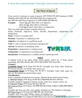 w
w
w
.facebook.com
/tanbir.cox

6
Every word of a sentence is a part of speech. (Kvh© m¤úv`‡bi w`K †_‡K Sentence-G e¨eüZ
kã¸‡jv‡K 8fv‡M e¨envi Kiv hvq, G‡`i cÖ‡Z¨K fvM‡K Part of Speech e‡j|
‡Kvb kãwU †Kvb ai‡bi Part of Speech Zv †m kãwU e¨env‡ii Dci wbf©i K‡i|
Example: I know that girl. Here 'that' is an adjective.
Don’t do that. Here 'that' is a Pronoun.
I told that he did it. Here 'that' is a conjunction.
There are eight types of parts of speech which are.
Nouns, Pronouns, Adjectives, Verbs, Adverbs, Prepositions, conjunctions and
Interjections.
Noun: A noun is a naming word.
Pronoun: A pronoun is a replacing word.
Adjective: An adjective is a qualifying word.
Verb: A verb is a doing or becoming or having word.
Adverb: An adverb is a modifying word.
Preposition: A preposition is a relating word.
Conjunction: A conjunction is a joining word.
Interjection: An interjection is a sudden emotion expressing word.
NOUN
A naming word of any place, thing, action quality, nation etc. A Noun names
something. (‡Kvb e¨w³, e¯‘, ¯’vb, RvwZ, KvR ev ¸‡Yi bvgevPK kã‡K Noun e‡j|
Category:
Countable Nouns: ‡h me Noun MYbv Kiv hvq| Example: pen, book, chair, friend etc.
We can say one pen, two books, three chairs, etc.
Uncountable Nouns: ‡h me Noun MYbv Kiv hvq bv| Example: water, milk, sugar, oil,
salt, etc. We cannot say one/two/three water.
Classification:
Noun is generally divided into two groups: Abstract Nouns and Concrete Nouns.
1. Abstract Nouns: ‡h me Noun †K †`Lv hvq bv wKš‘ Dcjwä Kiv hvq ev †evSv hvq|
Example: kindness, happiness, honesty, beauty, truth, love, silence, sorrow, etc.
2. Concrete Nouns: ‡h me Noun ‡`Lv hvq I eySv hvq|
(a) Common Noun: ‡h me Noun †Kvb wbw`©ó e¨w³ e¯‘ ev ¯’vb‡K bv eywS‡q H RvZxq cÖwZwU wRwbl‡K
†evSvq|
Example: girl, boy, city, day, river, month, continent, etc. The Jamuna is a big river.
(b) Proper Noun: ‡h me Noun †Kvb wbw`©ó e¨w³, e¯‘ ev ¯’vb‡K eySvq
Example: Arif, Asia, April, Dhaka, Friday, the Meghna, etc.
(c) Material Noun: ‡h me Noun Ggb e¯‘‡K eySvq hv MYbv Kiv hvq bv wKš‘ IRb Kiv hvq|
The Parts of Speech
www.tanbircox.blogspot.com
Wants More Updated Bangla e-books(pdf): www.facebook.com/tanbir.ebooks
www.tanbircox.blogspot.com
 