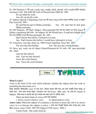 w
w
w
.facebook.com
/tanbir.cox

52
26. †Kvb Sentence G hw` can, could, may, might, shall, should, will, would cÖf„wZ Modal
Auxiliary Verb _v‡K Zvn‡j g~j Verb Gi Present form e¨eüZ nq| †hgb:
He can (did) the work.
Ans. He can do the work.
27. Indirect Speech G Reporting Verb Gi hw` Past Tense _v‡K Zvn‡j eÜbx¯’ Verb G Abyiƒc
Past Tense nq| ‡hgb :
He said that he (go) to Dhaka yesterday. Ans. He said that he had gone
Dhaka yesterday.
28. ‡Kvb Sentence hw` Had+ Subject +Past participle Øviv ïiæ nq Zvn‡j Gi Aci clause wU
Perfect conditional n‡q _v‡K| Gi Subject Gi c‡i Would have /Could have/Might have
e‡m Ges eÜbx¯’ Verb wUi Past participle nq| †hgb :
Had I known this before, I (inform) it in time.
Ans. Had I known this before, I would have informed it in time.
29. Tomorrow, next day, latter etc. _vK‡j Future Indefinite Tense n‡e| †hgb:
The next day (be) holiday. Ans. The next day will be holiday.
30. Have, get, want, etc-Gi object (Noun/Pronoun)-Gi ci verb –Gi past participle
e‡m| †hgbt
I get my hair (dress).
Ans. I get my hair dressed.
I have the work (finish).
Ans. I have the work finished
What is voice?
Voice is the form of the verb which indicates whether the subject does the work or
something has been done to it.
[wµqv cÖKv‡ki fw½gv‡KB voice ev evP¨ e‡j| wµqvi cÖKvk fw½ e‡j †`q KZ©v KvRwU wb‡R Ki‡Q, bv
KZ©vi Øviv †Kvb KvR m¤úbœ n‡”Q|] Ab¨fv‡e ejv hvq-Voice n‡”Q verb- Gi †mB iƒc (form) hv
Subject wb‡R K‡i-bv A‡b¨i Øviv K…Z Kv‡Ri dj MÖnY K‡i Zv †`wL‡q _v‡K|
There are three kinds of voices (evP¨ wZb iK‡gi)
i. Active voiceii. Passive voice iii. Quasi-passive voice.
Active voice: When the subject of a sentence is the doer or actor, the verb is in Active
voice. It is so because the subject is active. ( KZ©v hLb wb‡RB wµqvi KvR m¤úbœ K‡i, ZLb
wµqv Active voice-G _v‡K| KviY ZLb Subjcet ev KZ©v Active mwµq|)
I read a book. She cooks food etc.
Voice
www.tanbircox.blogspot.com
Wants More Updated Bangla e-books(pdf): www.facebook.com/tanbir.ebooks
www.tanbircox.blogspot.com
 