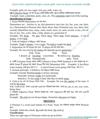 w
w
w
.facebook.com
/tanbir.cox

7
Example: gold, oil, rice, sugar, iron, gas, milk, water, etc.
(d) Collective Noun: ‡h me Noun GKB RvZxq e¨w³, e¯‘ ev cÖvYx‡K mgwóMZfv‡e ‡evSvq|
Example: team, committee, party, class, etc. The committee approved of the meeting.
Identification of Noun :
1. Noun mvaviYZt Determiner Gi c‡i e‡m|
Determiners are : Articles (a, an, the) possessive case (my, his, her, your, our, their,
its.), Demonstrative Pronoun (this, these, those, that), Numerals (one, two, three, first,
second), Quantifiers (any, many, some, much, more, no, each, several, every, a lot of,
lots of, less, few, a few, little, a little, plenty of, a good deal of.
Example: The book, His pen, Those boys, Three men, Some pictures, A lot of
money, A few bird.
2. Verb Gi Subject I Object n‡jv Noun.
Example: Truth is beauty. I see a tiger. The police caught the thief.
3. Preposition Gi ci Noun e‡m Ges Zv object-Gi gZ KvR K‡i|
Example: He was craving for money.He depends on my generosity.
Prep. Noun Prep Noun
I dreamt of traveling everywhere. We believe in freedom.
Prep. Noun(gerund) prep. Noun
4. GKwU Common Noun A_ev GKwU Collective Noun KLbB Sentence-G GKv e¨eüZ nq bv|
nq‡Zv Noun wU plural nq A_ev Noun wUi mv‡_ Determiner _v‡K| Example: A boy/Boys
is/are coming. (ïay boy n‡e bv|) A class/Classes is/are going. (ïay Class n‡e bv|)
5. Gerund, participle I Infinitive Gi Object n‡”Q Noun.
Example: Gerund: Reading books is always amusing.
Participle: Seeing a snake you turned pale.
Infinitive: To face truth is hard. She likes to drink water.
6. Verb to be Gi ci Noun em‡Z cv‡i| Example: He was the captain of the team. It
will be the room.
N.B: Verb to be †hme verb gyj verb-Gi cwie‡Z© KvR K‡i| h_vt be, am, is, are, was, were,
being, been
7. KZ¸‡jv Adjective Noun wn‡m‡e e¨eüZ nq| ZLb Adjective wUi c~‡e© Ôthe’ e‡m Ges verb wU
plural nq|
Example: The rich are not always happy. Sometimes the poor are happy
PRONOUN
A Pronoun is a word used instead of a Noun. Noun Gi cwie‡Z© e¨eüZ kã‡K Pronoun
e‡j|
Example: Salim has a book. He reads the book. He reads it.
Classification:
There are eight types of Pronouns which are given below:
www.tanbircox.blogspot.com
Wants More Updated Bangla e-books(pdf): www.facebook.com/tanbir.ebooks
www.tanbircox.blogspot.com
 