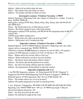 w
w
w
.facebook.com
/tanbir.cox

62
Indirect - Jahid will say that he does the sum.
Direct - The teacher said, æIce floats on water”.
Indirect - The teacher said that ice floats on water.
Interrogative sentence †K Indirect Narration G cwieZ©b
Indirect Narration-G Reporting Verb, ask, enquire of, demand of , wonder ev want to
know BZ¨vw`‡Z cwiewZ©Z nq|
Interrogative sentence wU hw` Who, Which, What, Why, Where, How Øviv ïiæ n‡j Zvi
†Kvb cwieZ©b nq bv|
Direct - My friend said to me, æ What did you want?”
Indirect - My friend wanted to know what I had wanted.
Interrogative sentence wU hw` auxiliary verb w`‡q ïiæ nq Z‡e conjunction that Gi ¯’‡j if ev
whether e‡m|
(mvaviYZ choice eySv‡Z whether e‡m|)
Direct - Rafiq said to me, æDo you need any help?”
Indirect - Rafiq asked me if I needed any help.
Imperative sentence †K Indirect Narration G cwieZ©b
Reported Speech Gi A_© I fvevbymv‡i Indirect Narration G Reporting verb- ask, order,
request, advise, command, beg, BZ¨vw`‡Z cwiewZ©Z nq|
Affirmative sentence Gi †ÿ‡Î Imperative sentence-Gi verb Gi c~‡e© to Ges negative
sentence-Gi †ÿ‡Î Imperative sentence-Gi Verb Gi c~‡e© not to e‡m| †hgb t
Direct - Rahim said to his servant, æDo as I tell you.”
Indirect - Rahim ordered his servant to do as he told him.
Direct - The doctor said to the patient, æDon’t smoke.”
Indirect - The doctor adivsed the patient not to smoke.
Direct - He said to his friend, æPlease open the window.”
Indirect - He requested his friend politely to open the window.
Imperative beginning with ‘Let’
1. Let w`‡q m~wPZ Imperative sentence Gi Direct speech Øviv hw` †Kvb Proposal ev
Suggestion e¨³ Kiv nq †m‡ÿ‡Î Reporting Verb wU Propose ev Suggest G cwiewZ©Z nq|
Reported speech Gi c~‡e© Conjunction ‘that’ Ges Let Gi ¯’‡j Should e‡m|
Direct - My mother said to me, æ Let us go home”.
Indirect- My mother proposed to me that we should go home.
2. Let, Proposal ev Suggestion A‡_© e¨eüZ bv n‡q hw` AbygwZ cÖ`vb A‡_© e¨eüZ nq †m‡ÿ‡Î
Reporting verb mvaviYZ cwieZ©b nq bv| ZLb Let Gi cwie‡Z© may/might ev May be
allowed to/might be allowed to e‡m|
Direct - He said, æLet him do the work.”
Indirect- He said that he might do the work.
www.tanbircox.blogspot.com
Wants More Updated Bangla e-books(pdf): www.facebook.com/tanbir.ebooks
www.tanbircox.blogspot.com
 
