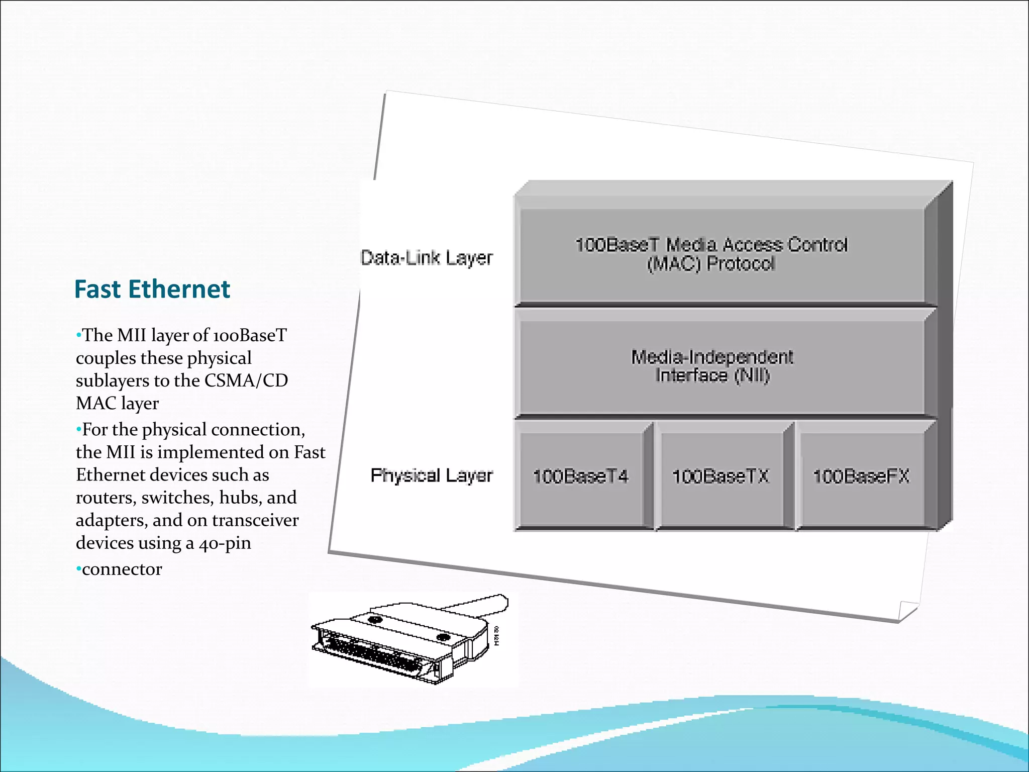 Fast Ethernet The MII layer of 100BaseT couples these physical sublayers to the CSMA/CD MAC layer  For the physical connection, the MII is implemented on Fast Ethernet devices such as routers, switches, hubs, and adapters, and on transceiver devices using a 40-pin connector 