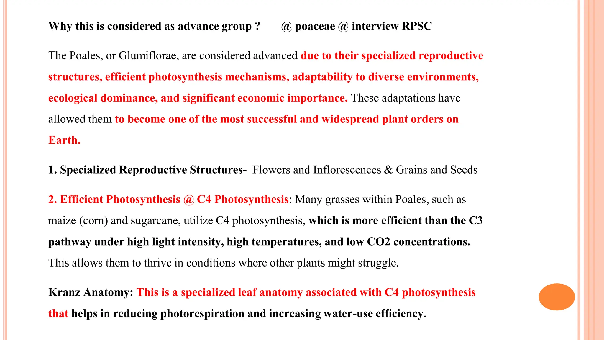 Why this is considered as advance group ? @ poaceae @ interview RPSC
The Poales, or Glumiflorae, are considered advanced due to their specialized reproductive
structures, efficient photosynthesis mechanisms, adaptability to diverse environments,
ecological dominance, and significant economic importance. These adaptations have
allowed them to become one of the most successful and widespread plant orders on
Earth.
1. Specialized Reproductive Structures- Flowers and Inflorescences & Grains and Seeds
2. Efficient Photosynthesis @ C4 Photosynthesis: Many grasses within Poales, such as
maize (corn) and sugarcane, utilize C4 photosynthesis, which is more efficient than the C3
pathway under high light intensity, high temperatures, and low CO2 concentrations.
This allows them to thrive in conditions where other plants might struggle.
Kranz Anatomy: This is a specialized leaf anatomy associated with C4 photosynthesis
that helps in reducing photorespiration and increasing water-use efficiency.
 
