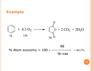 15
Example
+ 4.5 O2 O
O
O
+ 2 CO2 + 2H2O
78 144
98
98
% Atom economy = 100  -------------- = 44.1%
78 +144
 