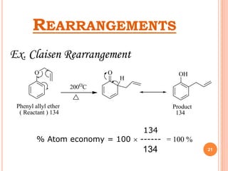 REARRANGEMENTS
21
Ex. Claisen Rearrangement
O
200O
C
O
H
OH
Product
134
Phenyl allyl ether
( Reactant ) 134
134
% Atom economy = 100  ------ = 100 %
134
 