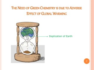 THE NEED OF GREEN CHEMISTRY IS DUE TO ADVERSE
EFFECT OF GLOBAL WARMING
7
Deplication of Earth
 