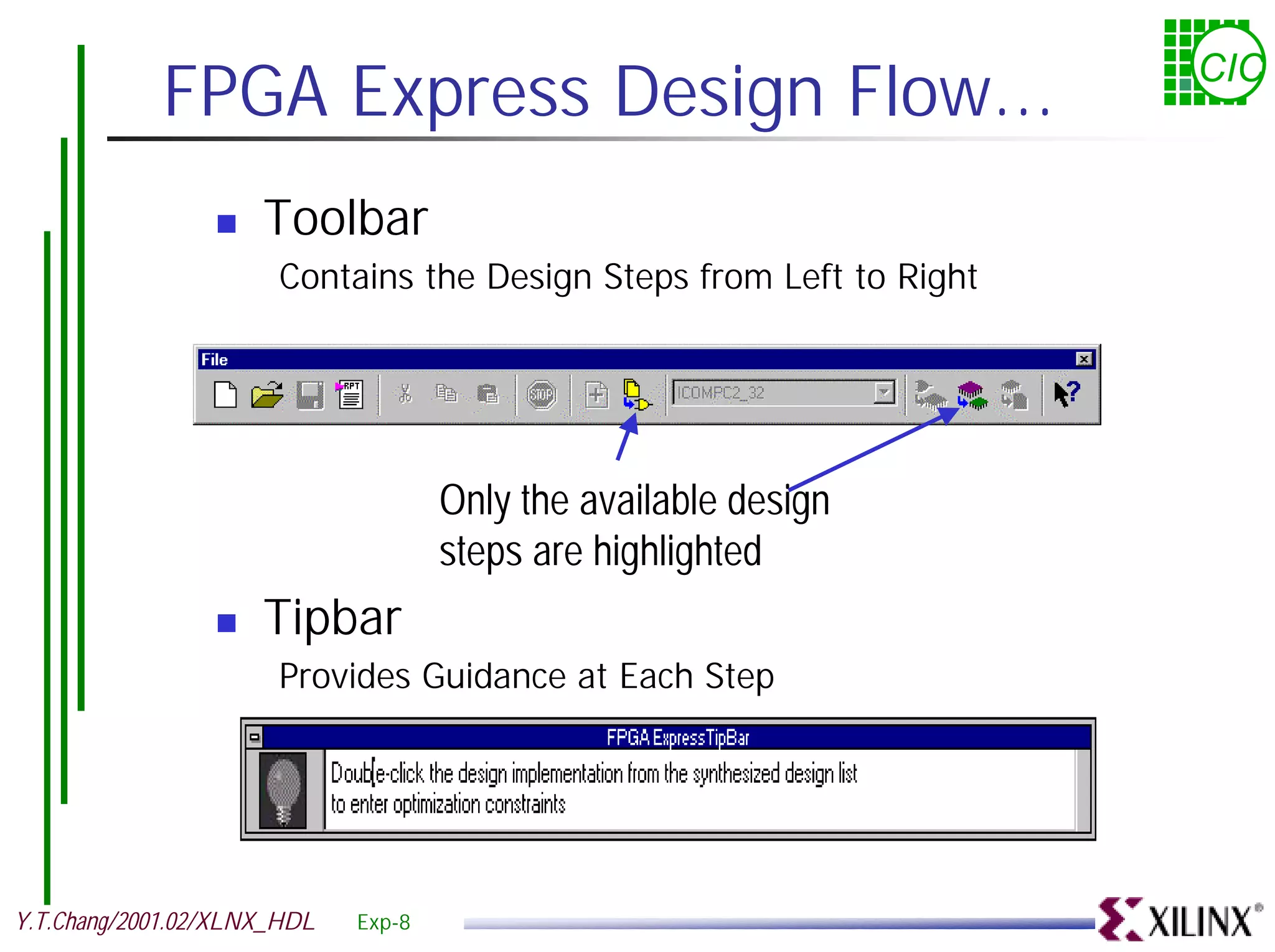 FPGA Express Design Flow... CIC ! Toolbar Contains the Design Steps from Left to Right Only the available design steps are highlighted ! Tipbar Provides Guidance at Each Step Y.T.Chang/2001.02/XLNX_HDL Exp-8 