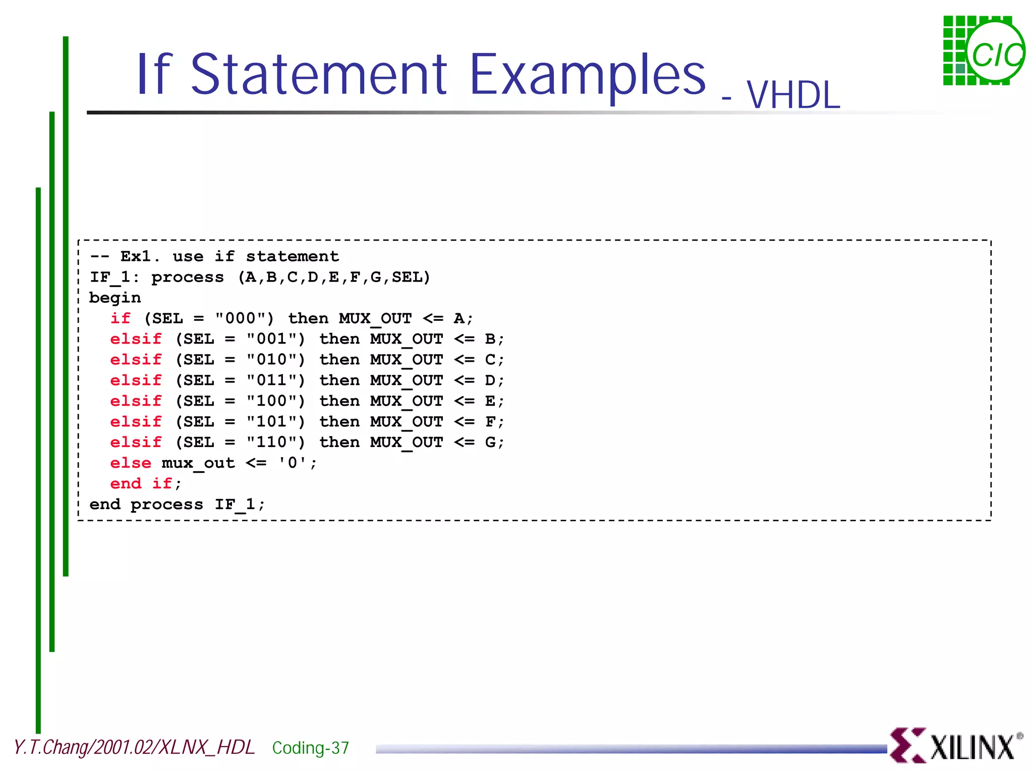 If Statement Examples - VHDL CIC -- Ex1. use if statement IF_1: process (A,B,C,D,E,F,G,SEL) begin if (SEL = "000") then MUX_OUT <= A; elsif (SEL = "001") then MUX_OUT <= B; elsif (SEL = "010") then MUX_OUT <= C; elsif (SEL = "011") then MUX_OUT <= D; elsif (SEL = "100") then MUX_OUT <= E; elsif (SEL = "101") then MUX_OUT <= F; elsif (SEL = "110") then MUX_OUT <= G; else mux_out <= '0'; end if; end process IF_1; Y.T.Chang/2001.02/XLNX_HDL Coding-37 