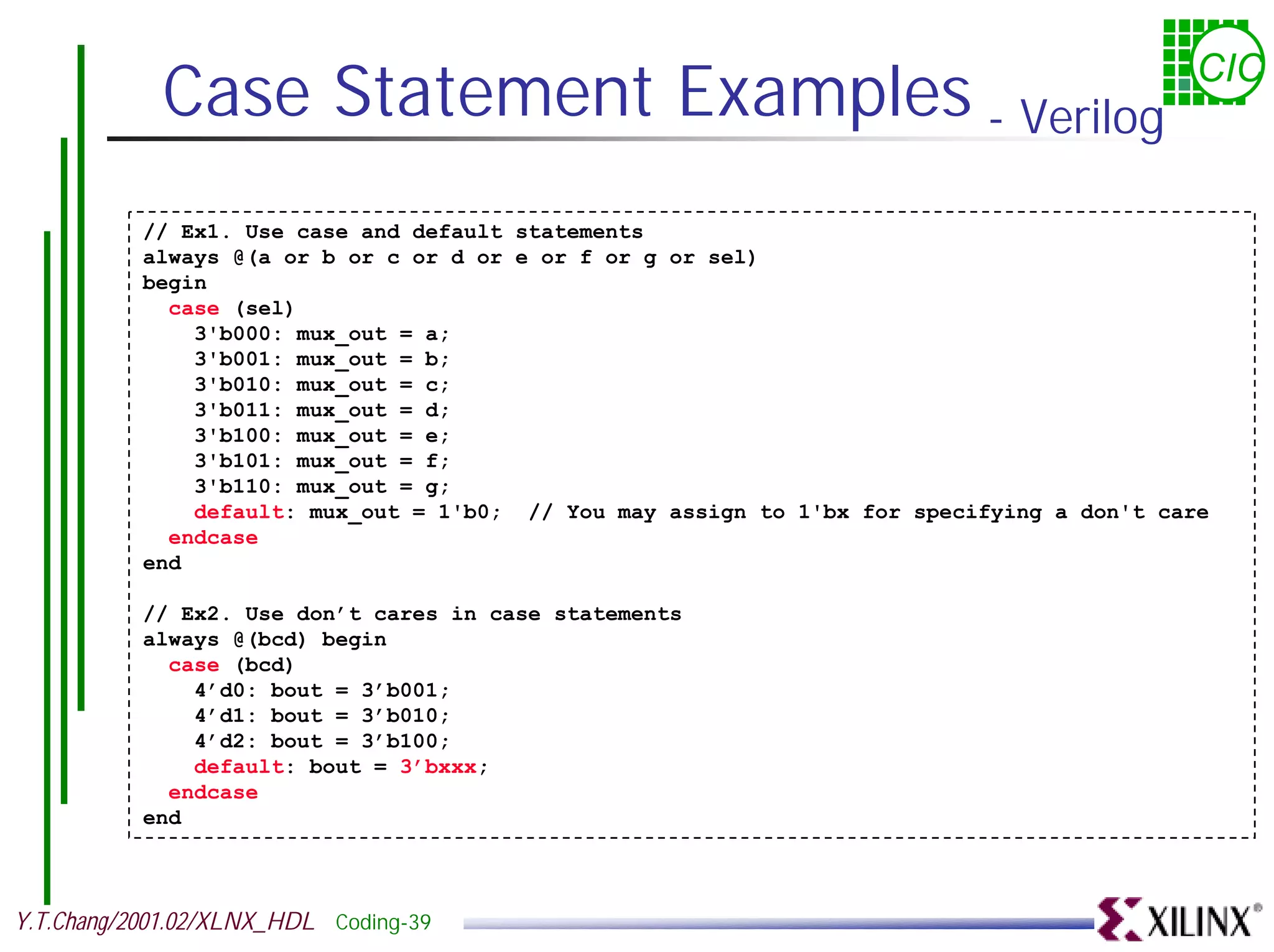 Case Statement Examples - Verilog CIC // Ex1. Use case and default statements always @(a or b or c or d or e or f or g or sel) begin case (sel) 3'b000: mux_out = a; 3'b001: mux_out = b; 3'b010: mux_out = c; 3'b011: mux_out = d; 3'b100: mux_out = e; 3'b101: mux_out = f; 3'b110: mux_out = g; default: mux_out = 1'b0; // You may assign to 1'bx for specifying a don't care endcase end // Ex2. Use don’t cares in case statements always @(bcd) begin case (bcd) 4’d0: bout = 3’b001; 4’d1: bout = 3’b010; 4’d2: bout = 3’b100; default: bout = 3’bxxx; endcase end Y.T.Chang/2001.02/XLNX_HDL Coding-39 